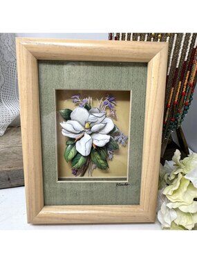 Etsuko Signed 3D Paper Tole Magnolia Flower Art Wood Frame